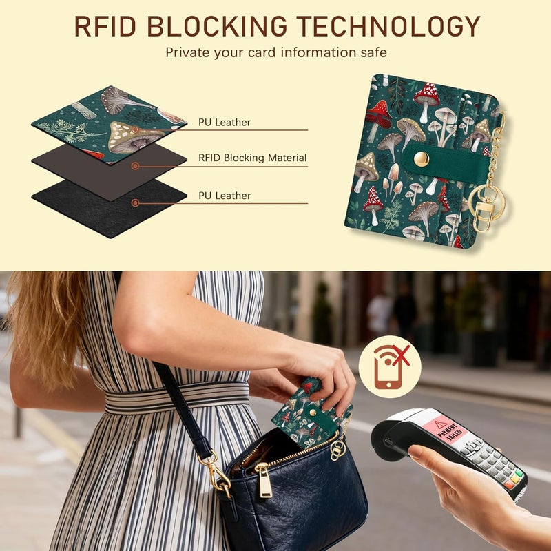 Jogjam Mushroom Green Rfid Ladies Wallet, Small Slim Thin Compact Credit Card Women Wallet, PU Leather Bifold Cash Zipper Coin Pocket ID Window for Female - Image 3
